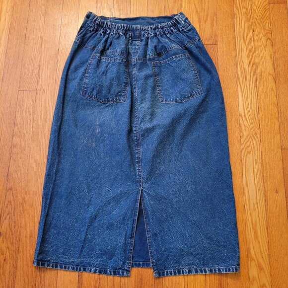 Pret M Vintage Blue Jean Denim Skirt Pockets Elastic Back Slit Embroidered Bling - Picture 4 of 7